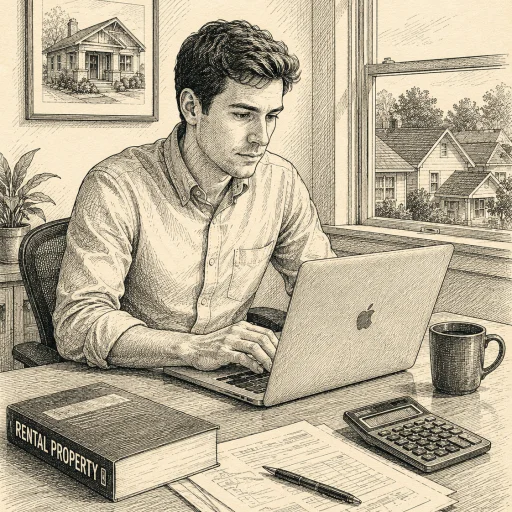The Junior High-Earner — illustration of a young engineer at a desk with a laptop, calculator, and rental property book
